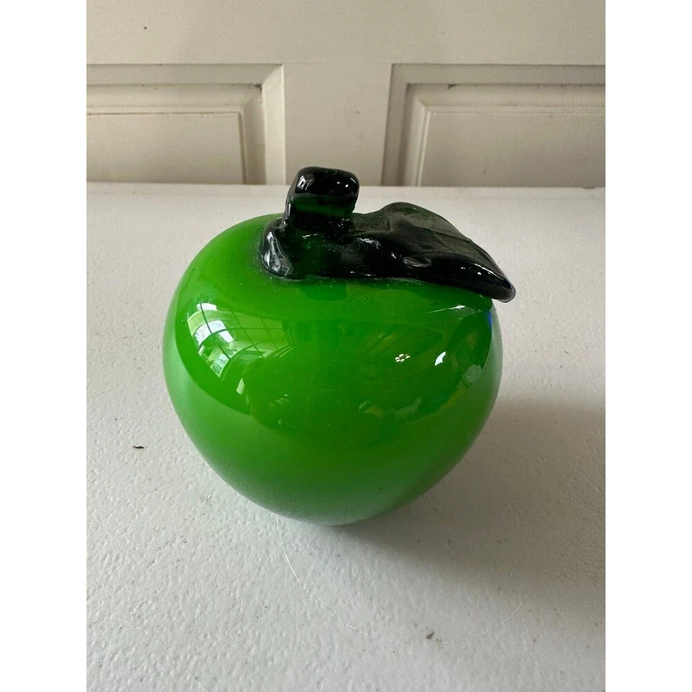 Handblown Murano Style MCM Green Apple Art Glass Paperweight Shelf Sitter